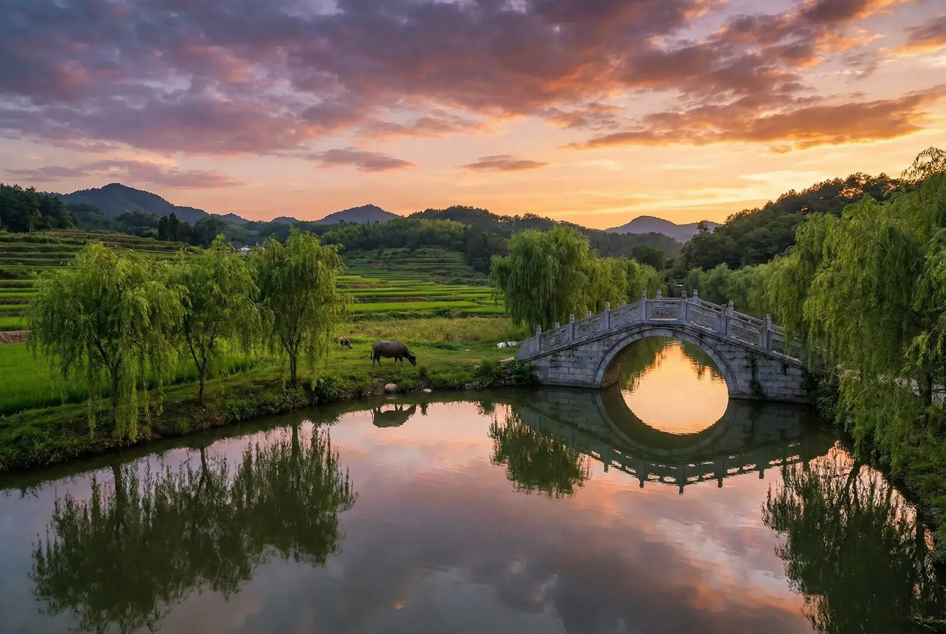 夕阳下的石拱桥与垂柳，水牛在河边吃草 - 小电影在线观看网站 乡村美景